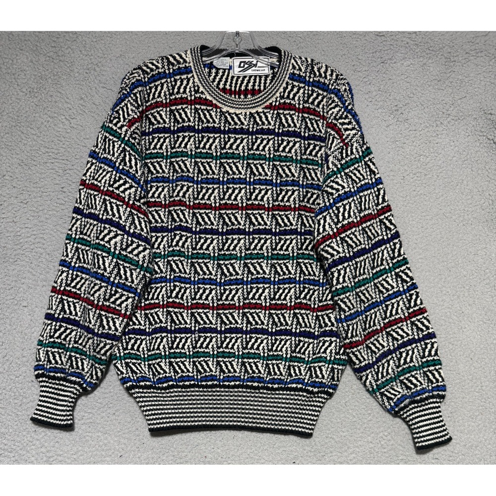 Vintage 90's Ossi Skiwear Wool Blend Cable Knit Striped Sweater Mens Large